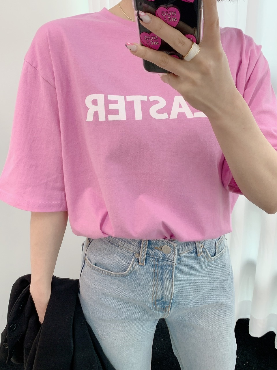 핑크우유색 레터링 기본루즈핏 반팔 티셔츠